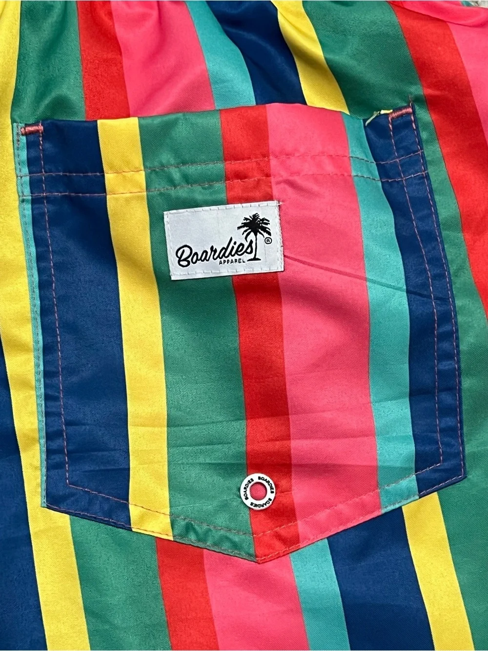BOARDIES men’s CAKE STRIPE mid length swim shorts drawstring sz XL EUC colorful
